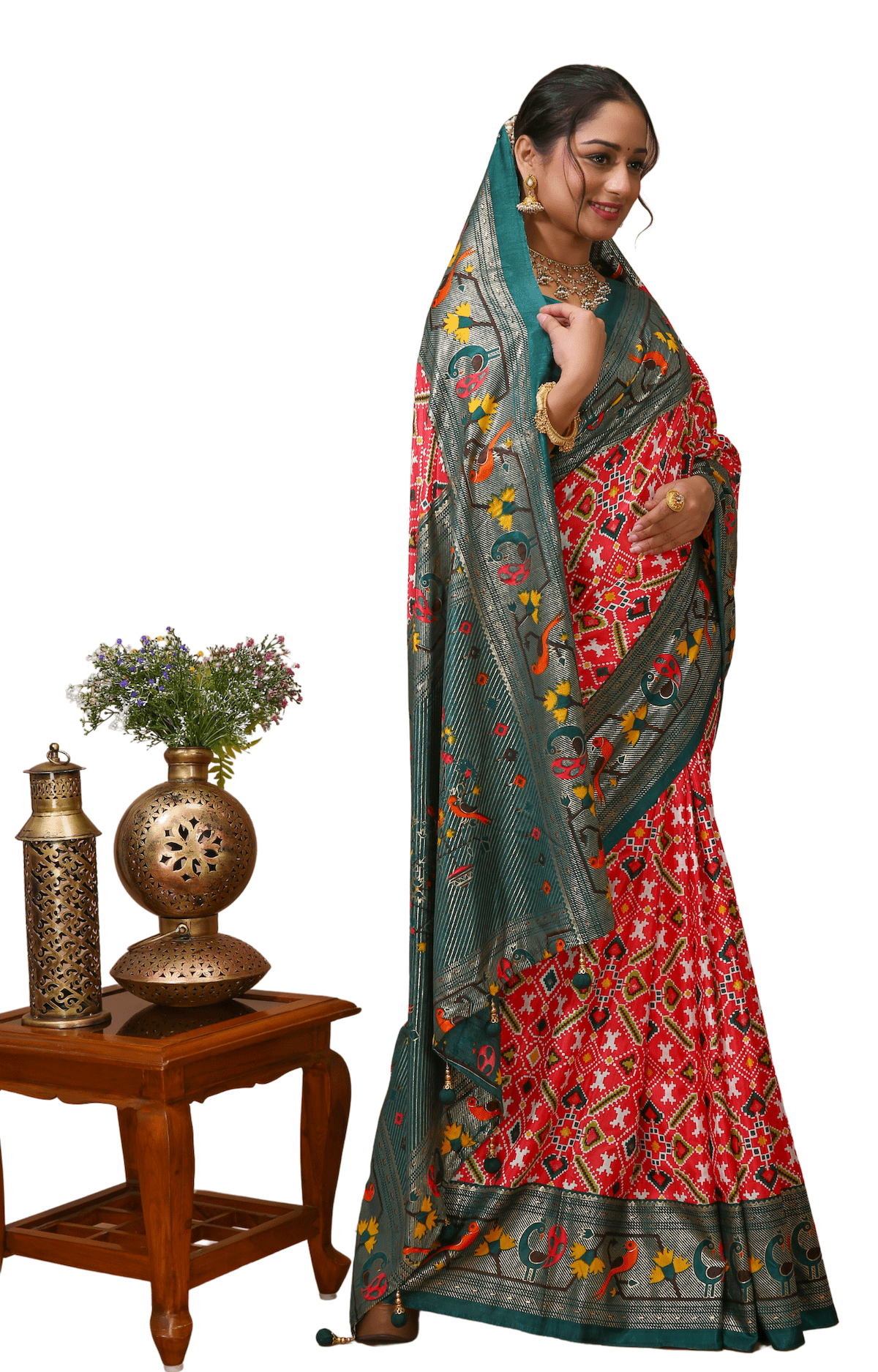 Pratha - Red Green Silk Patola Print Saree