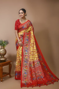 Pratha - Yellow Red Silk Patola Print Saree