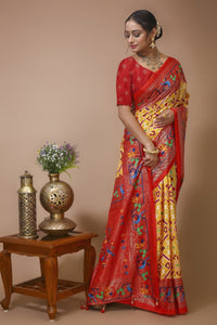 Pratha - Yellow Red Silk Patola Print Saree