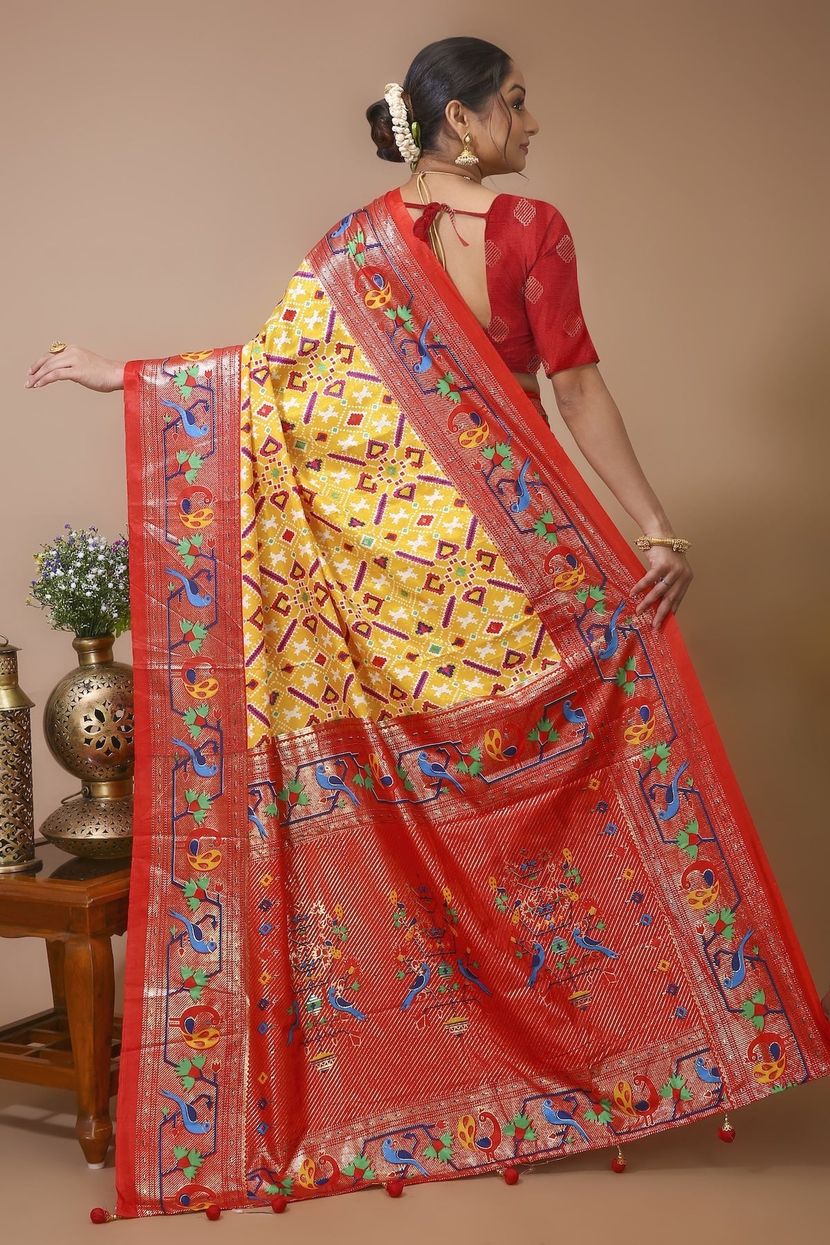 Pratha - Yellow Red Silk Patola Print Saree