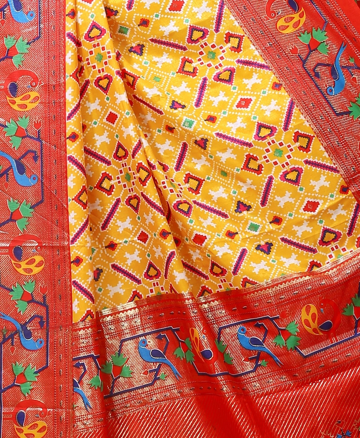 Pratha - Yellow Red Silk Patola Print Saree