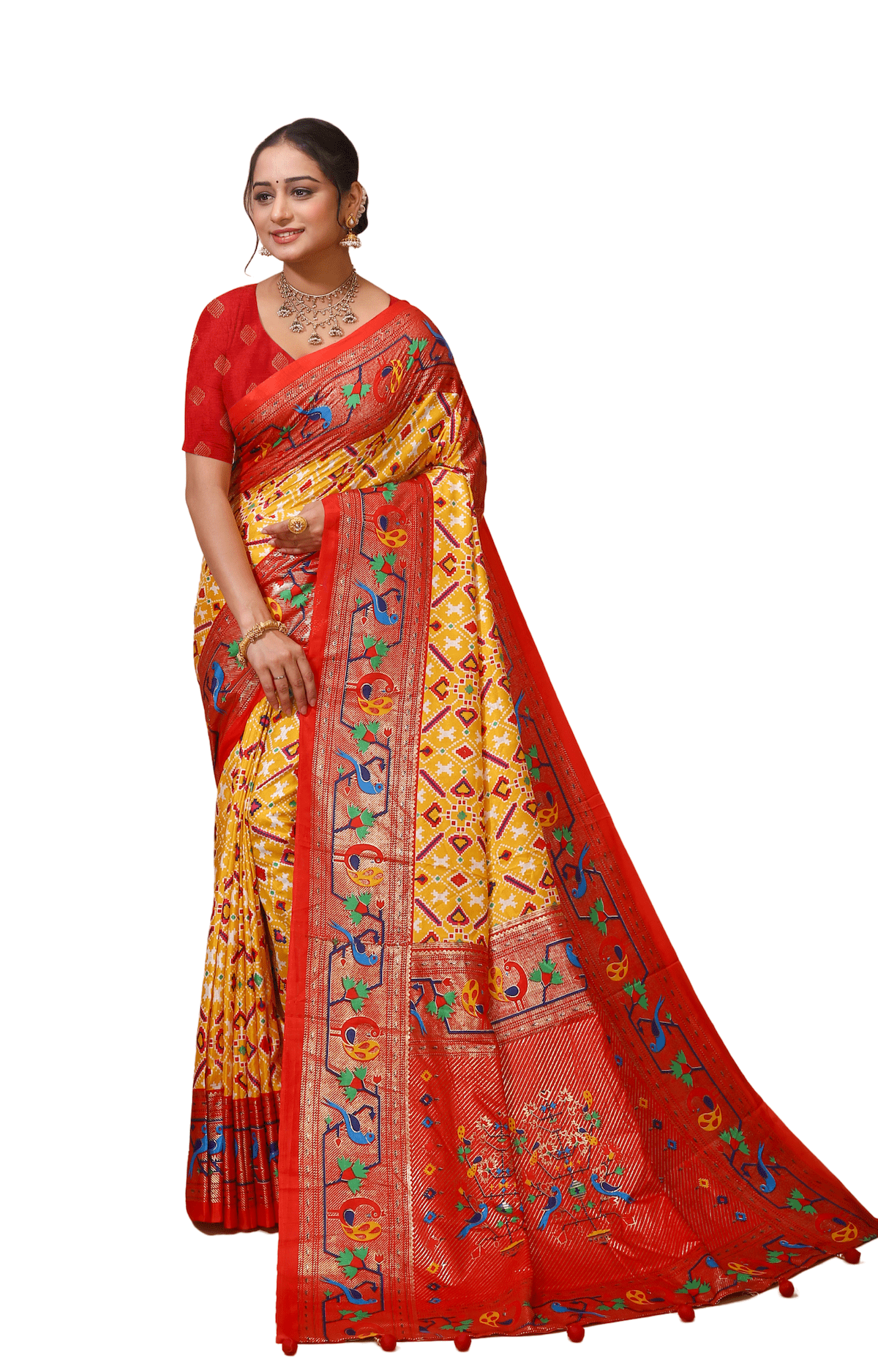 Pratha - Yellow Red Silk Patola Print Saree