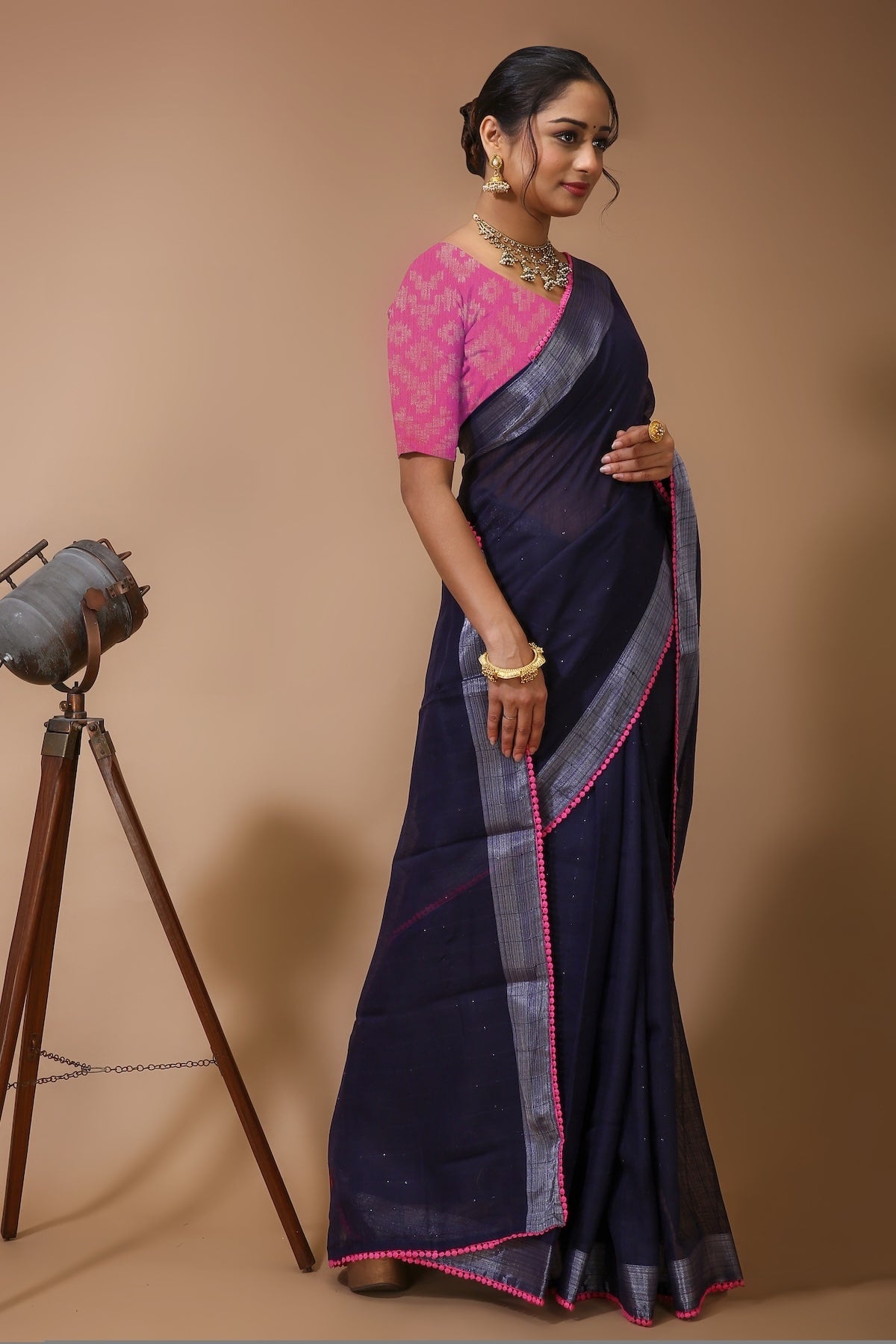 Shirish - Blue Pink Linen Silk Saree