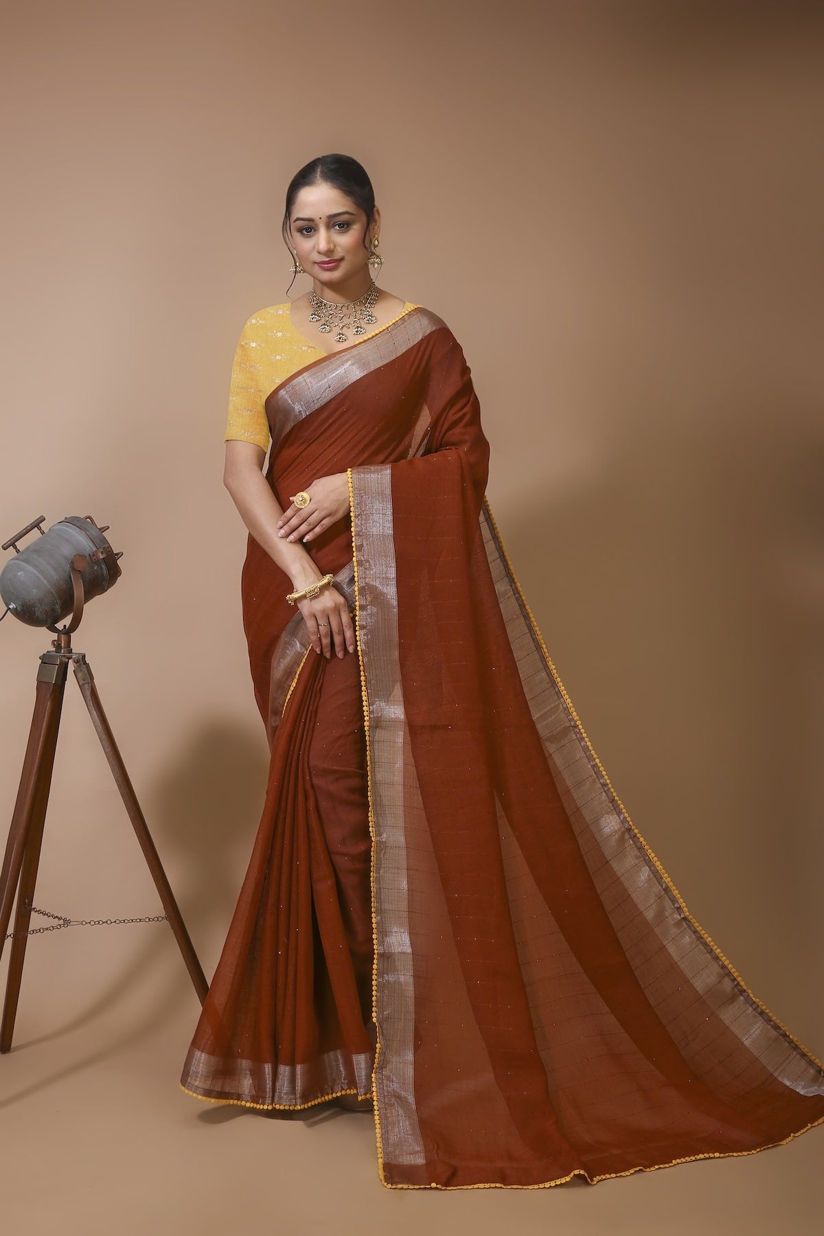 Shirish - Brown Yellow Linen Silk Saree