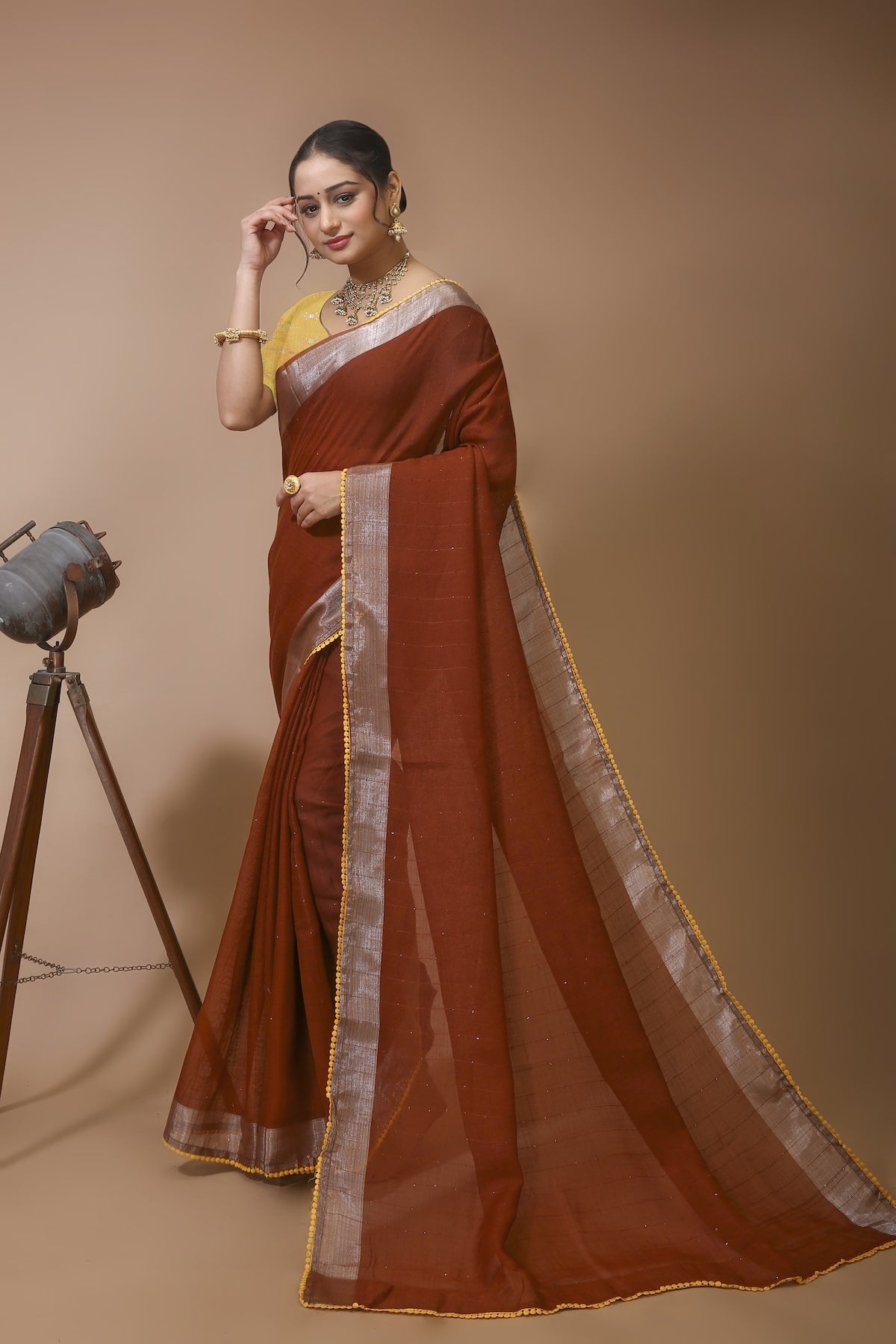 Shirish - Brown Yellow Linen Silk Saree