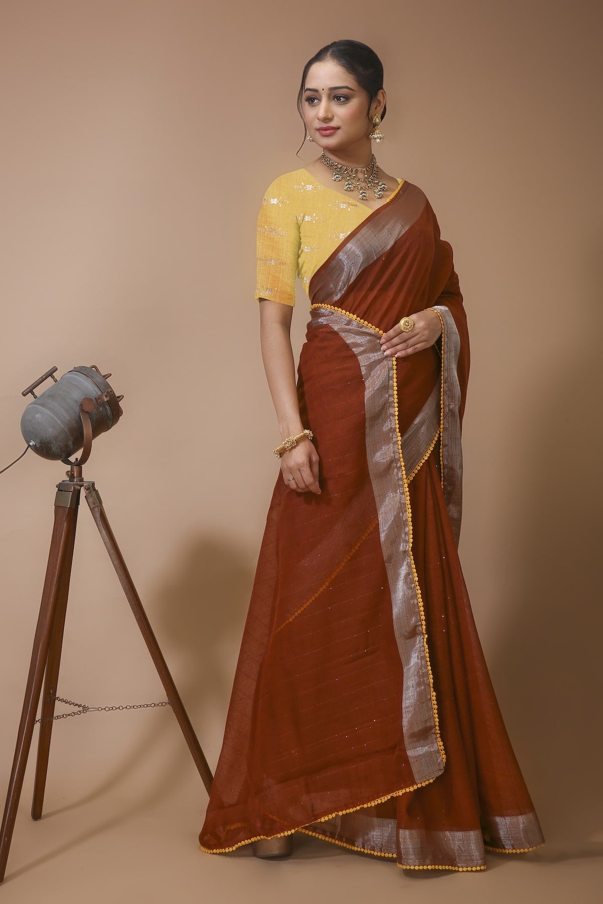 Shirish - Brown Yellow Linen Silk Saree