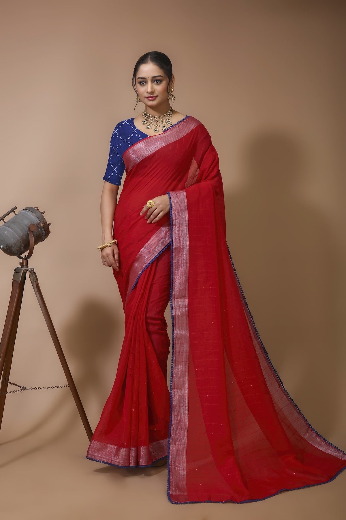 Shirish - Red Blue Linen Silk Saree