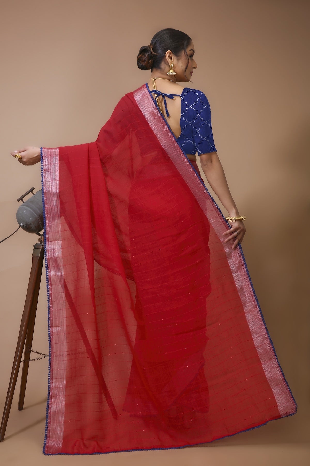 Shirish - Red Blue Linen Silk Saree