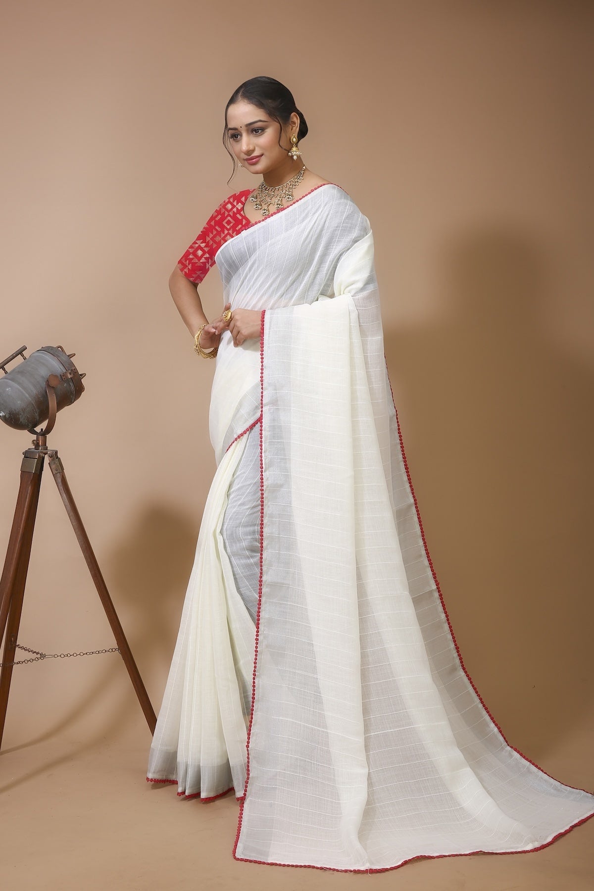 Shirish - White Red Linen Silk Saree