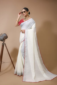 Shirish - White Red Linen Silk Saree