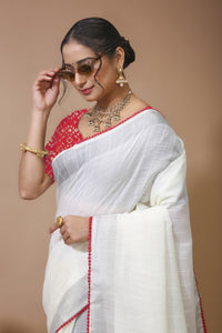 Shirish - White Red Linen Silk Saree