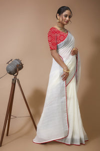 Shirish - White Red Linen Silk Saree