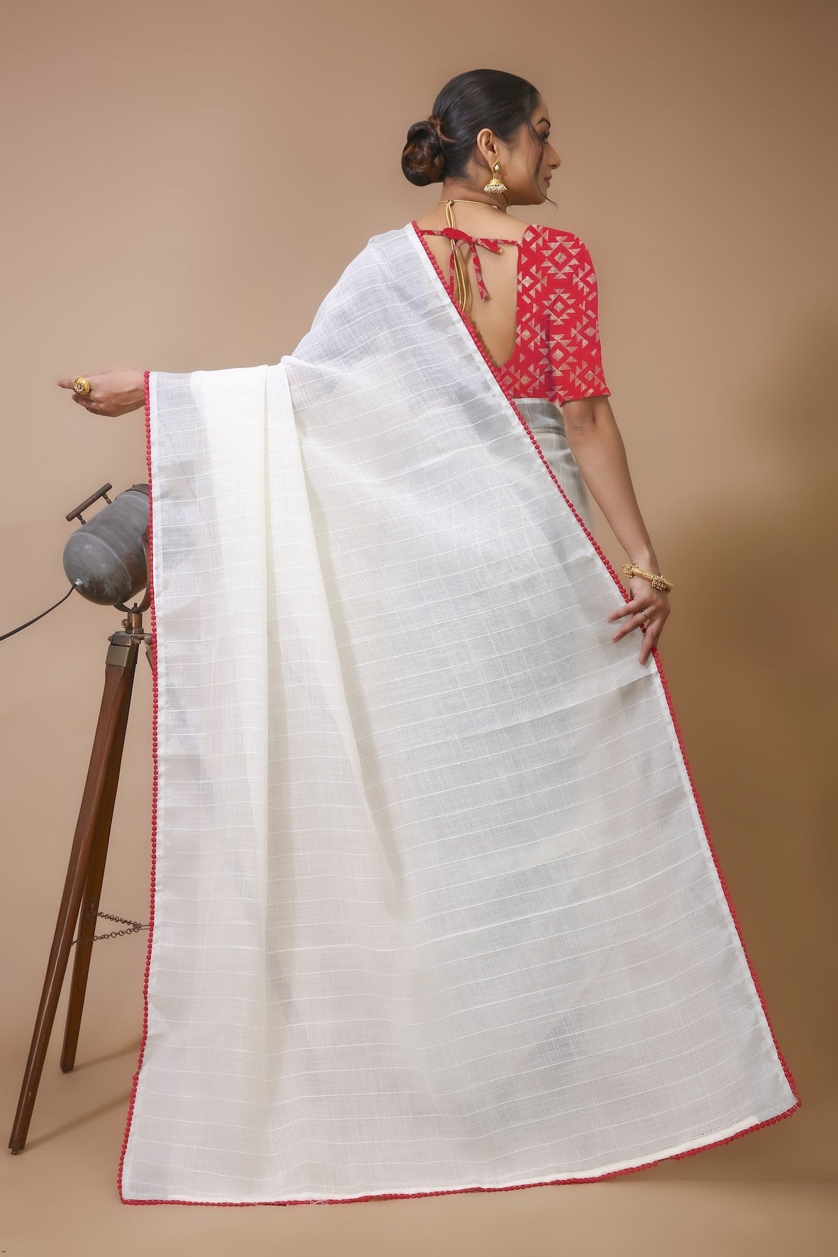 Shirish - White Red Linen Silk Saree