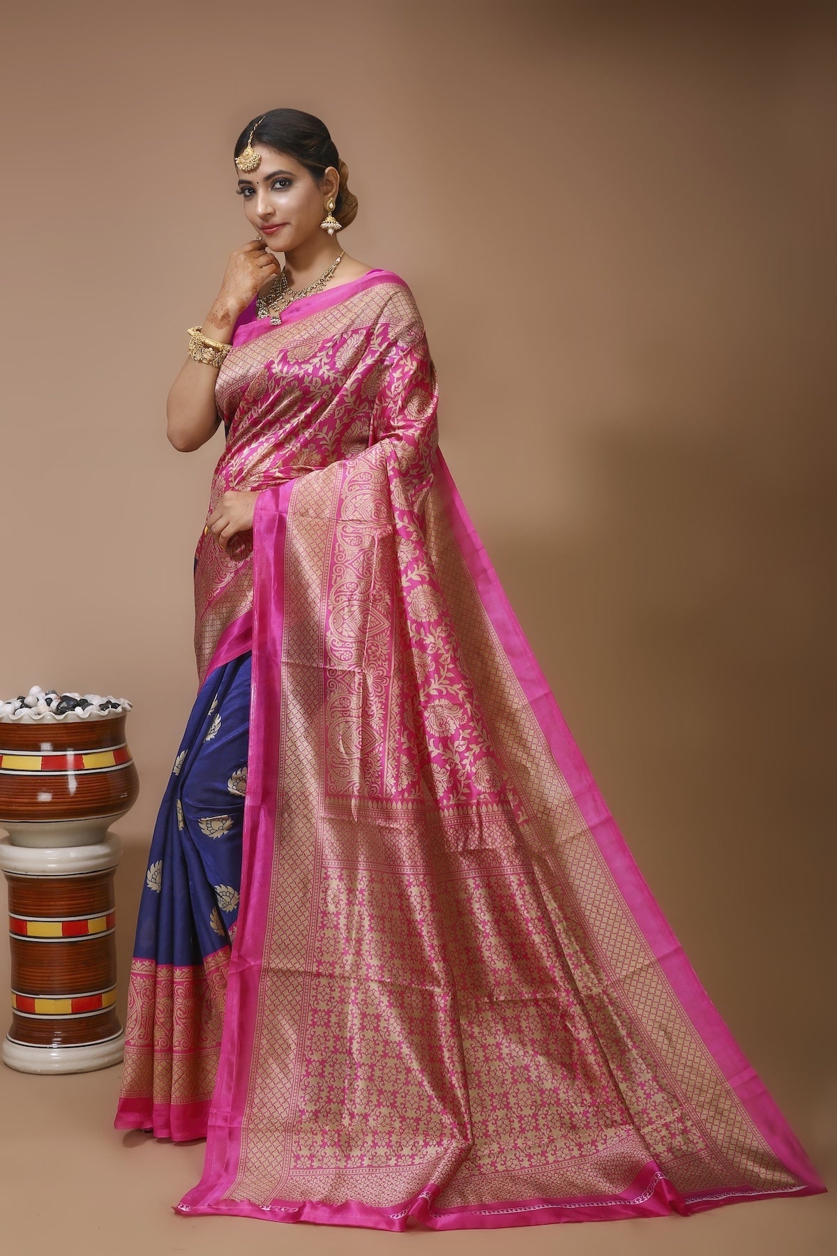 Jhilmil - Blue Pink Silk Banarasi Saree