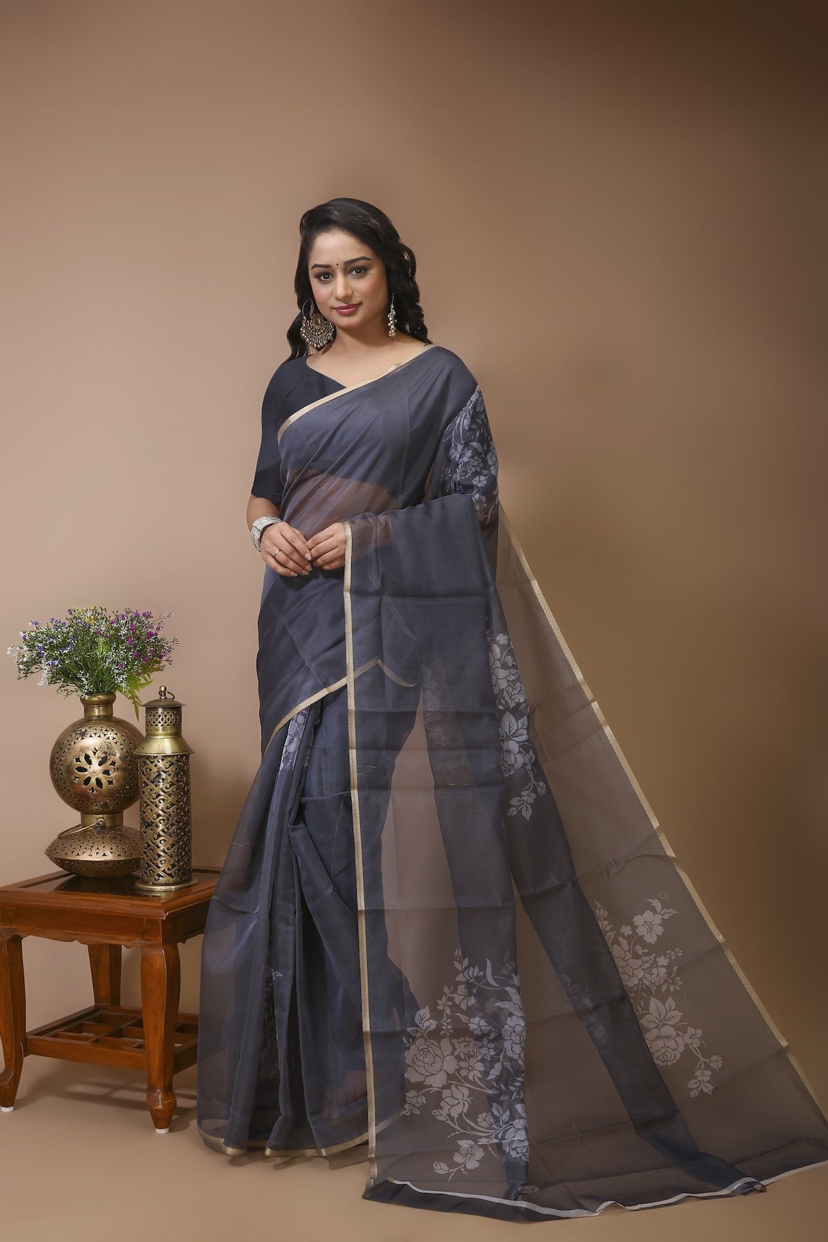 Chhaya - Grey Digital Print Net Saree