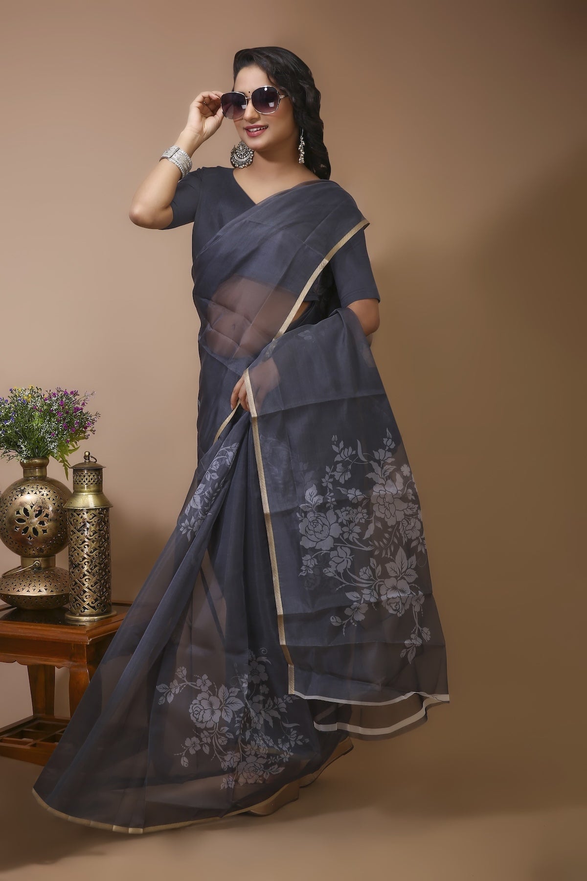 Chhaya - Grey Digital Print Net Saree