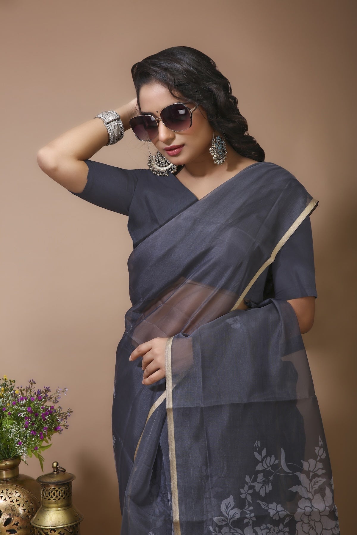 Chhaya - Grey Digital Print Net Saree