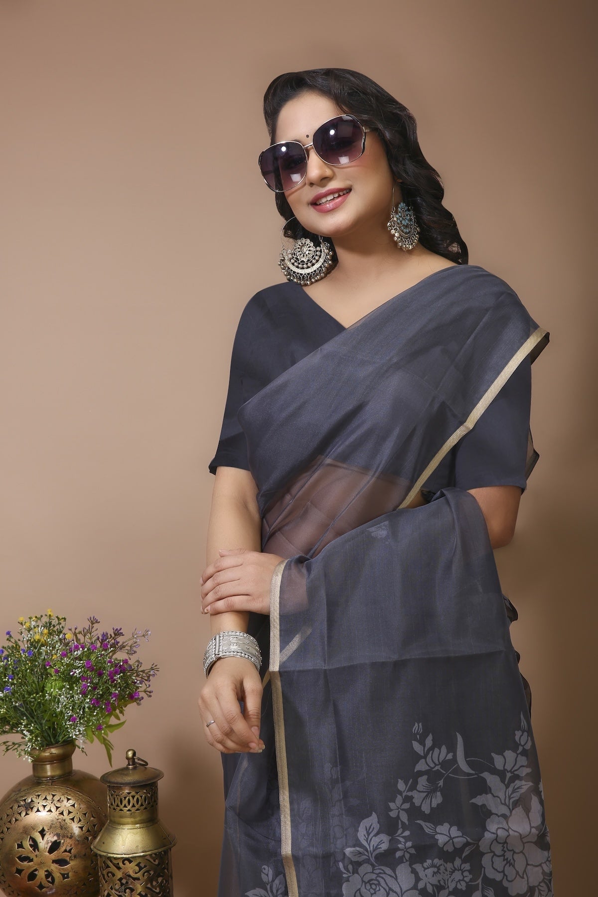 Chhaya - Grey Digital Print Net Saree