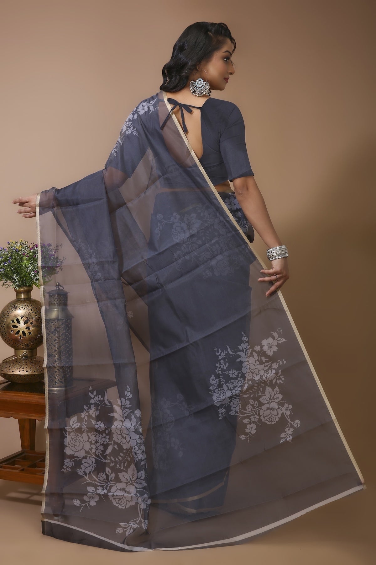 Chhaya - Grey Digital Print Net Saree