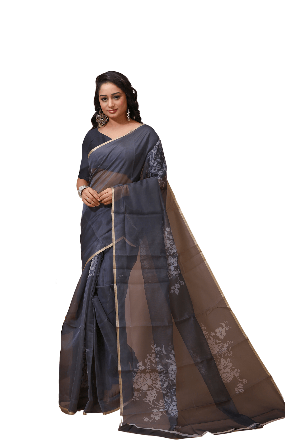 Chhaya - Grey Digital Print Net Saree