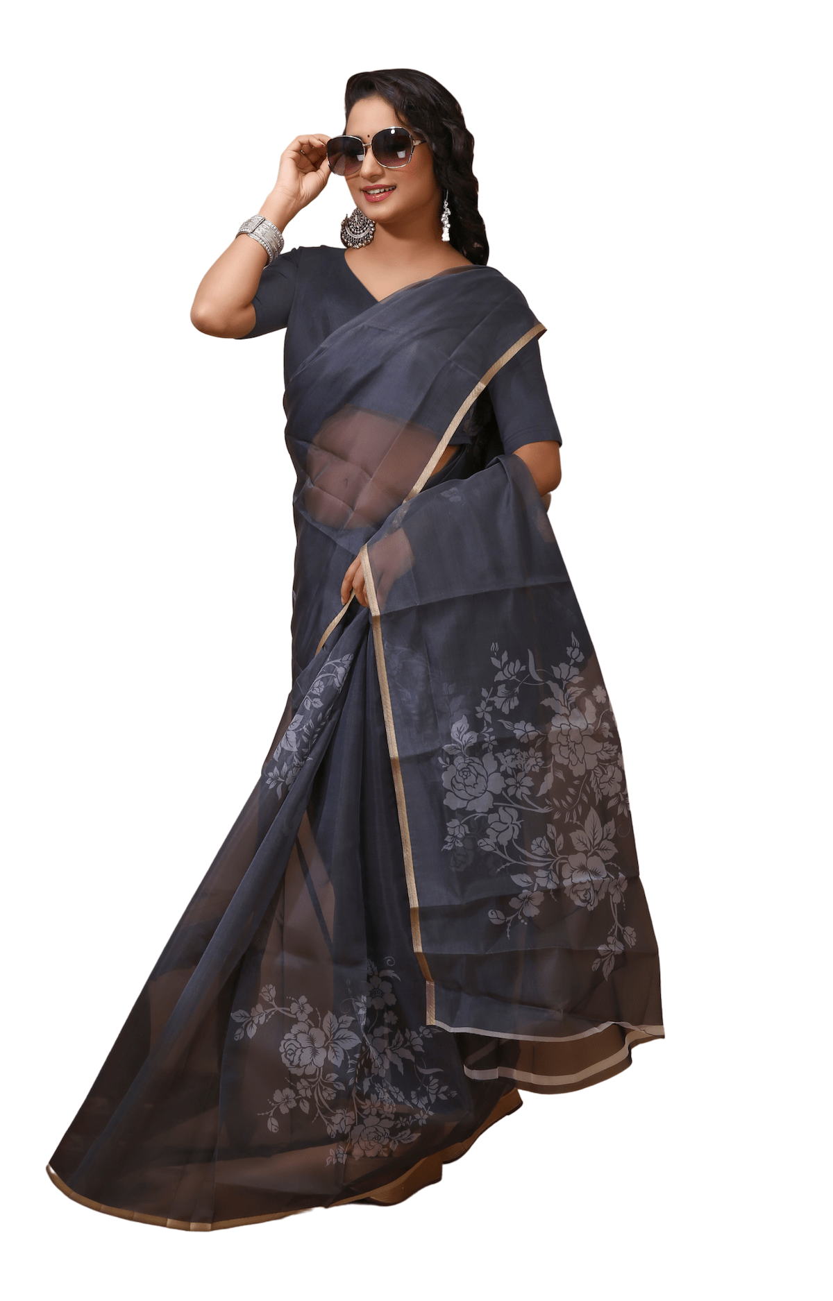 Chhaya - Grey Digital Print Net Saree