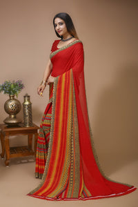 Taranga - Red Yellow Georgette Printed Saree