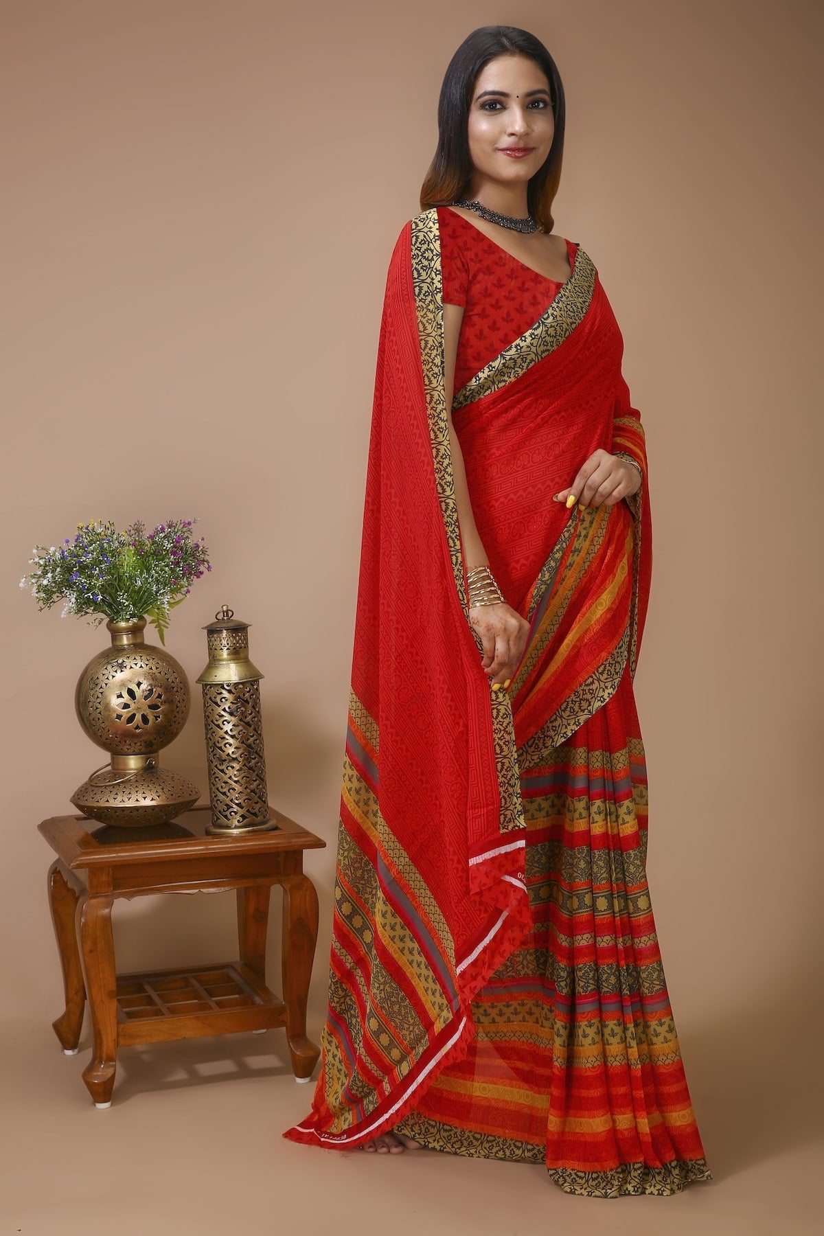 Taranga - Red Yellow Georgette Printed Saree