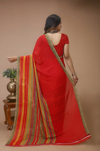 Taranga - Red Yellow Georgette Printed Saree