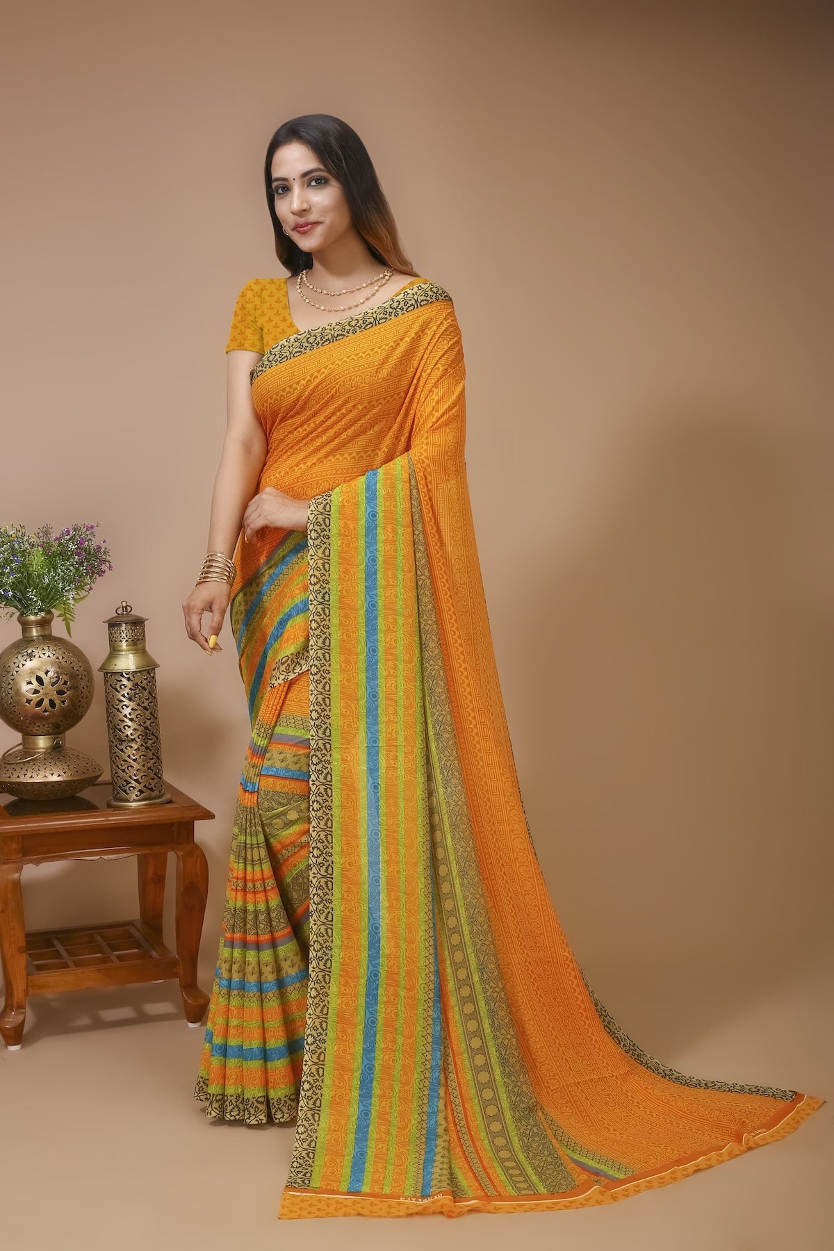 Taranga - Mustard Yellow Georgette Printed Saree