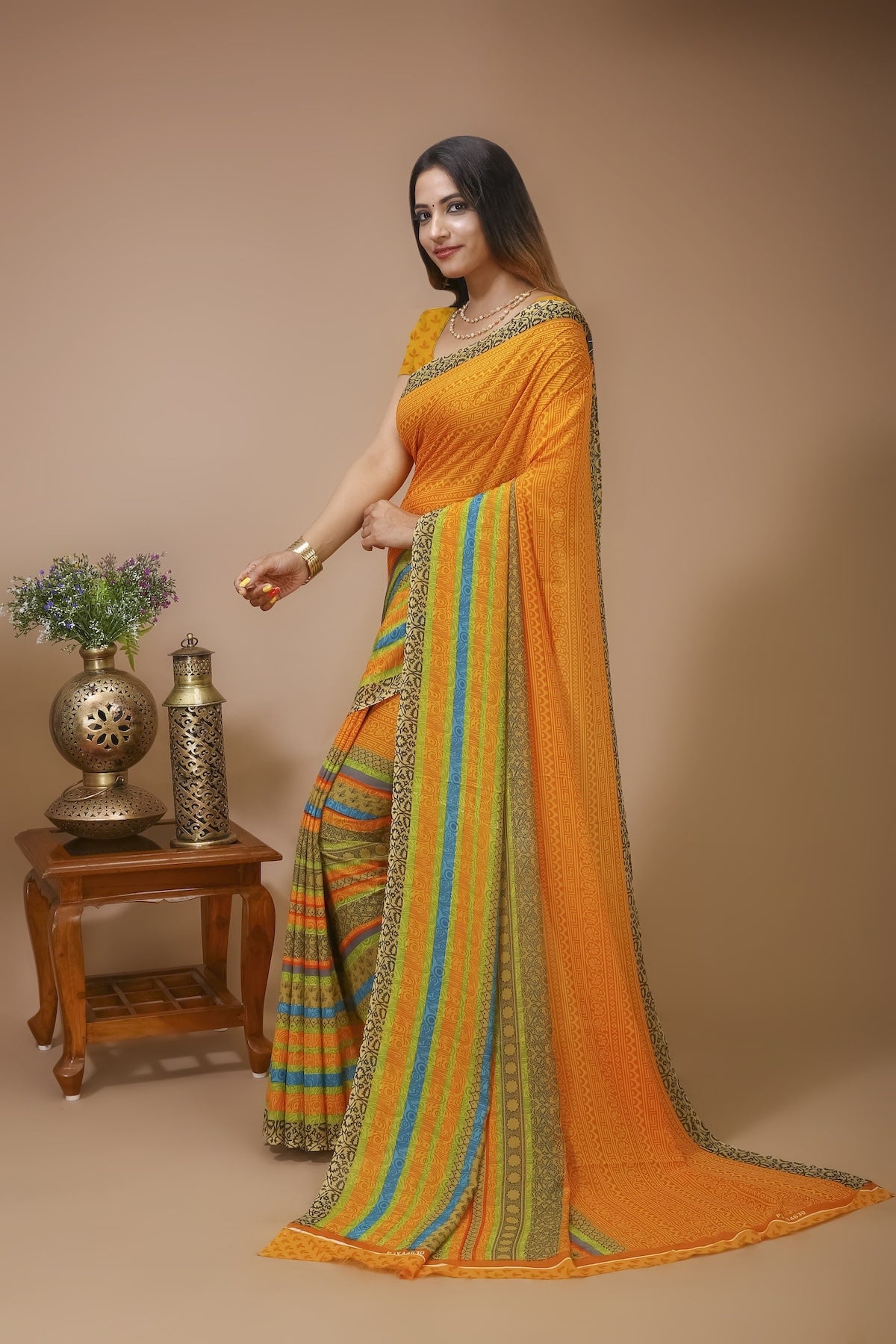 Taranga - Mustard Yellow Georgette Printed Saree