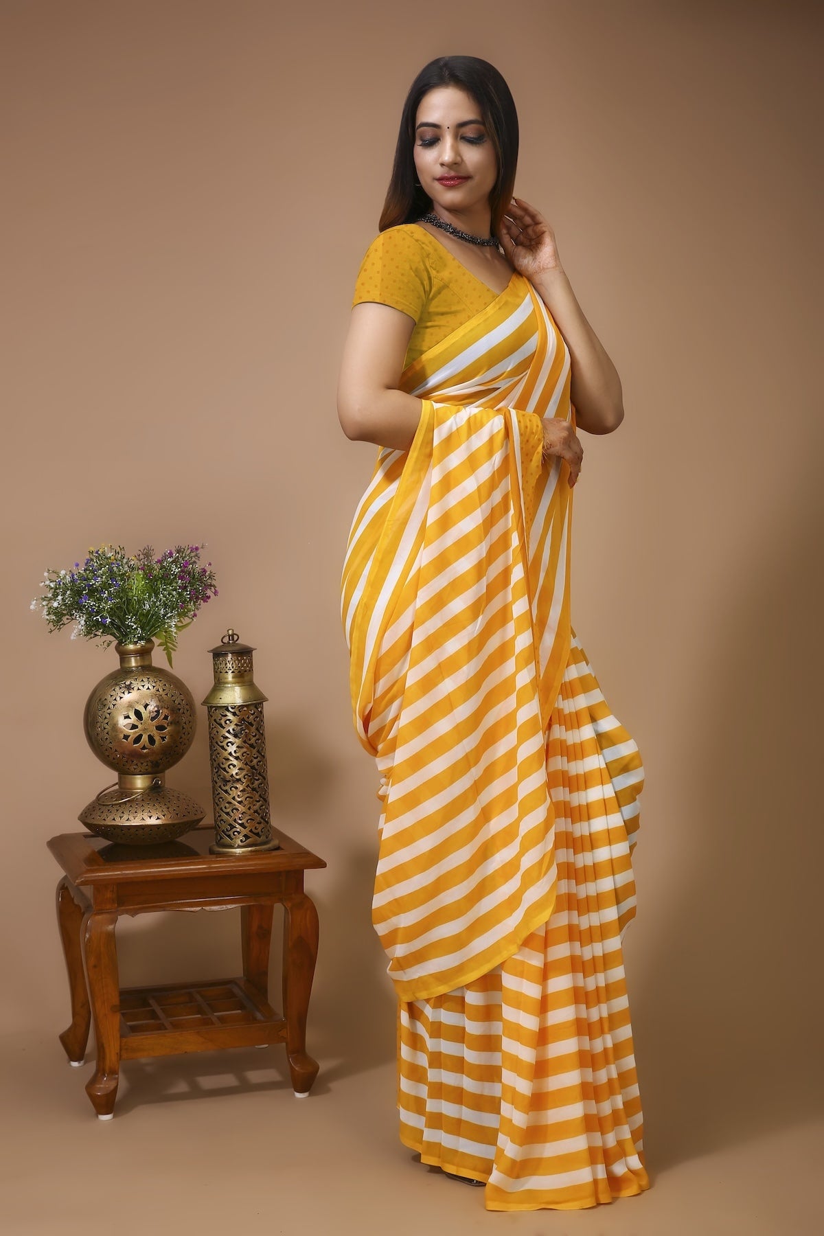 Lahariya - Yellow White Georgette Printed Saree