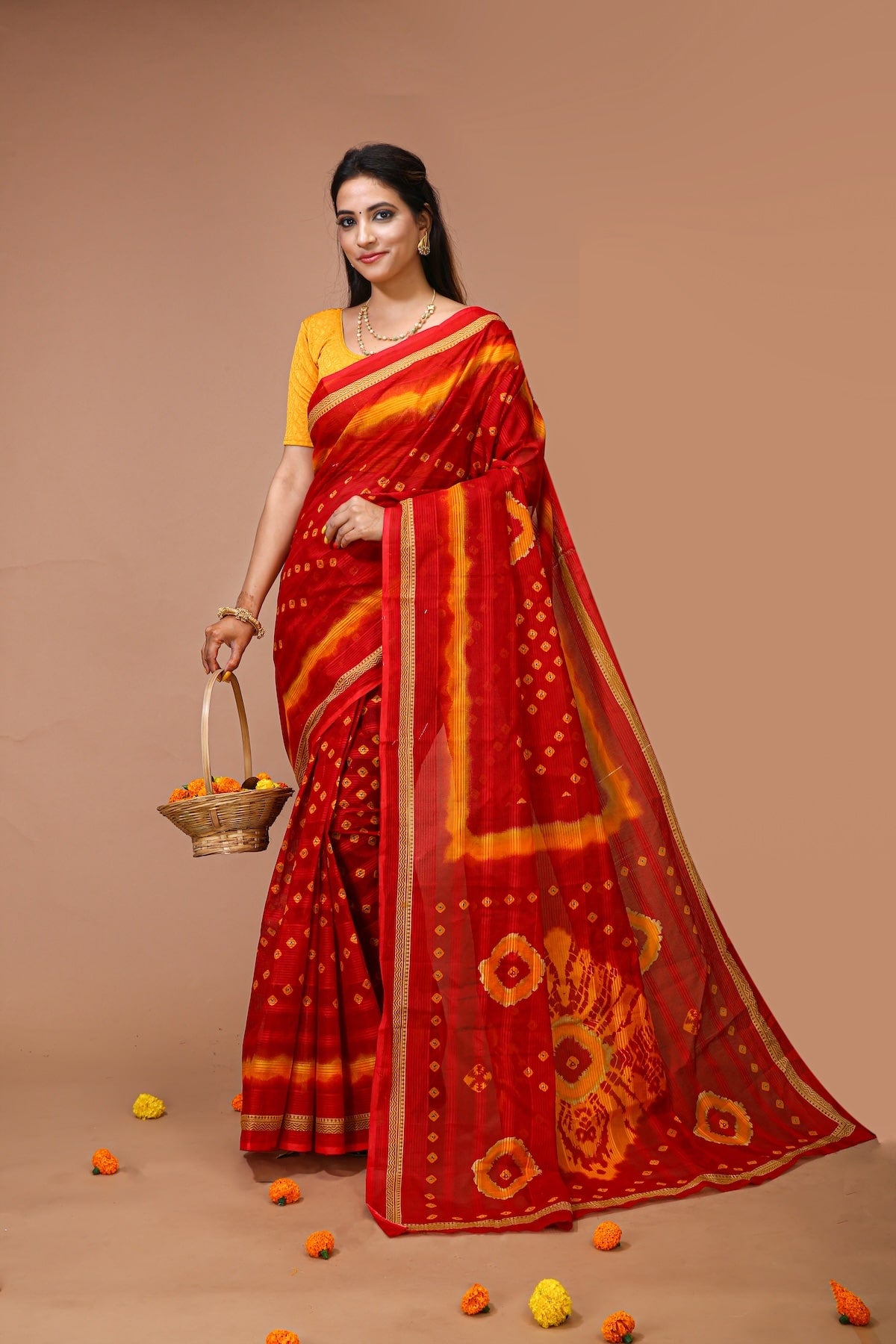 Teej - Red Yellow Cotton Bandhani Saree