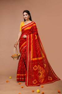 Teej - Red Yellow Cotton Bandhani Saree