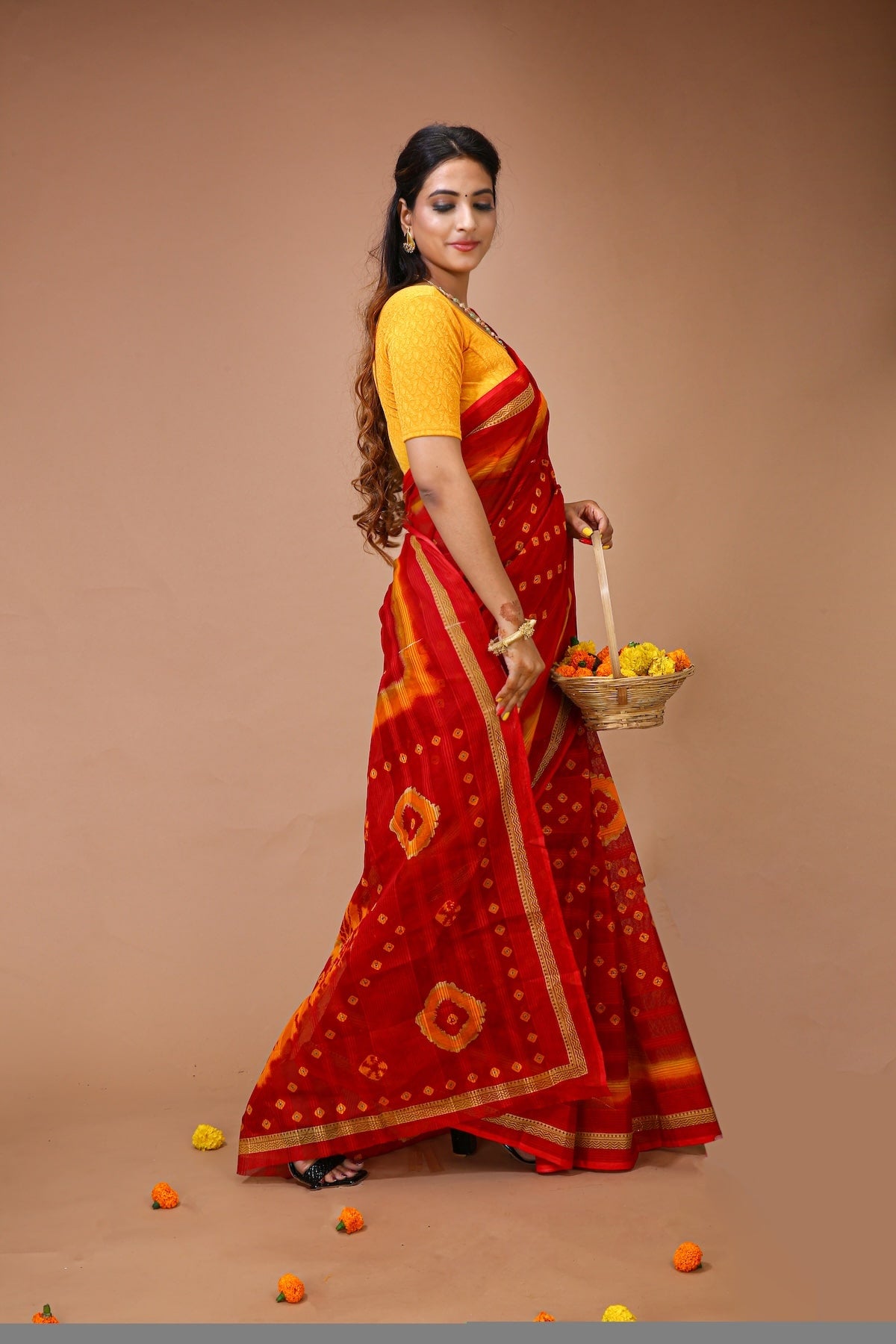 Teej - Red Yellow Cotton Bandhani Saree