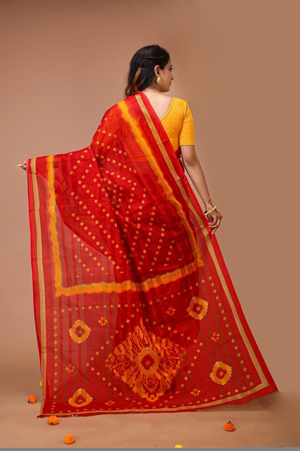 Teej - Red Yellow Cotton Bandhani Saree