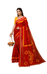 Teej - Red Yellow Cotton Bandhani Saree