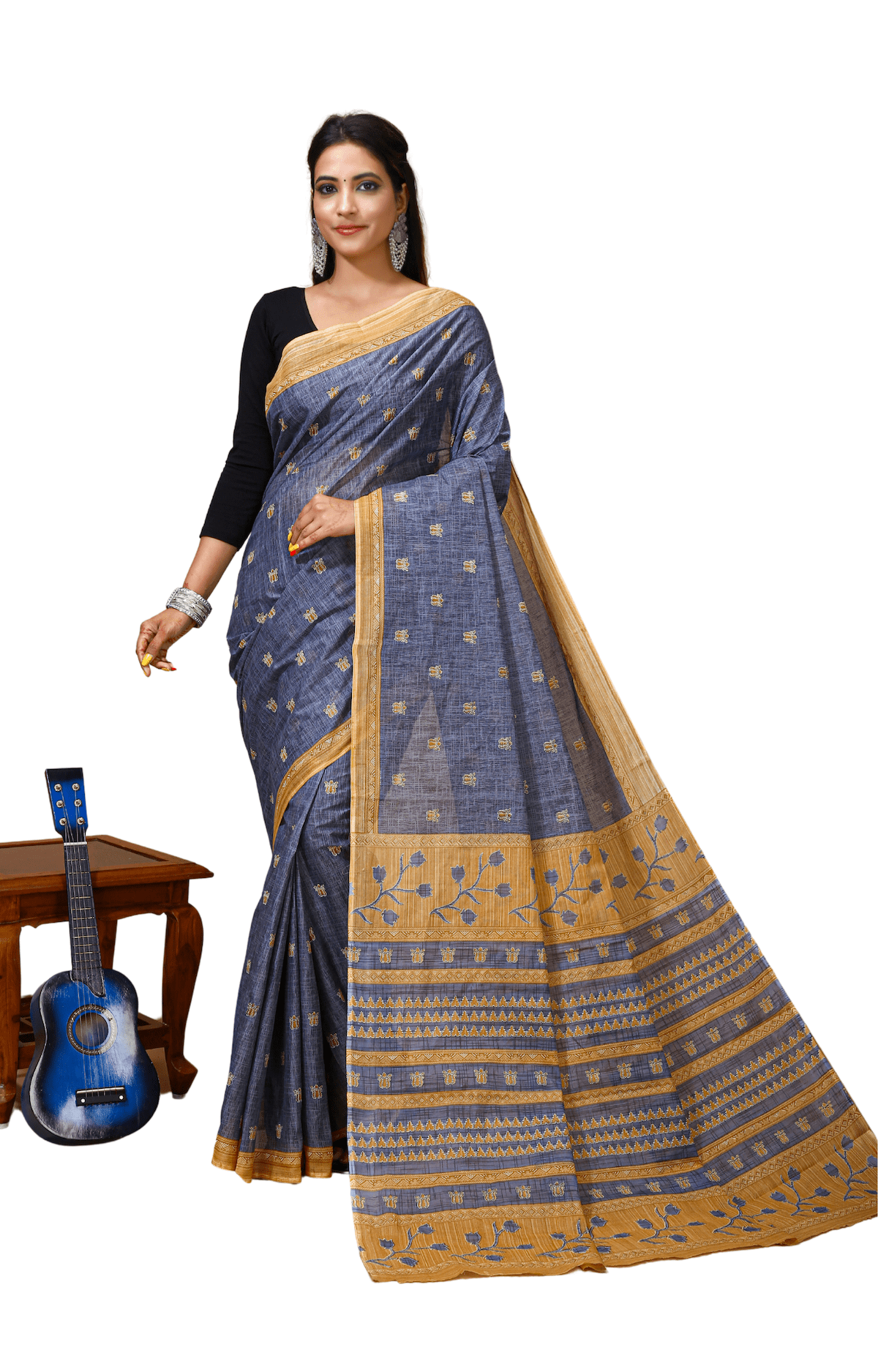 Sarita - Grey Cotton Kalamkari Butti saree