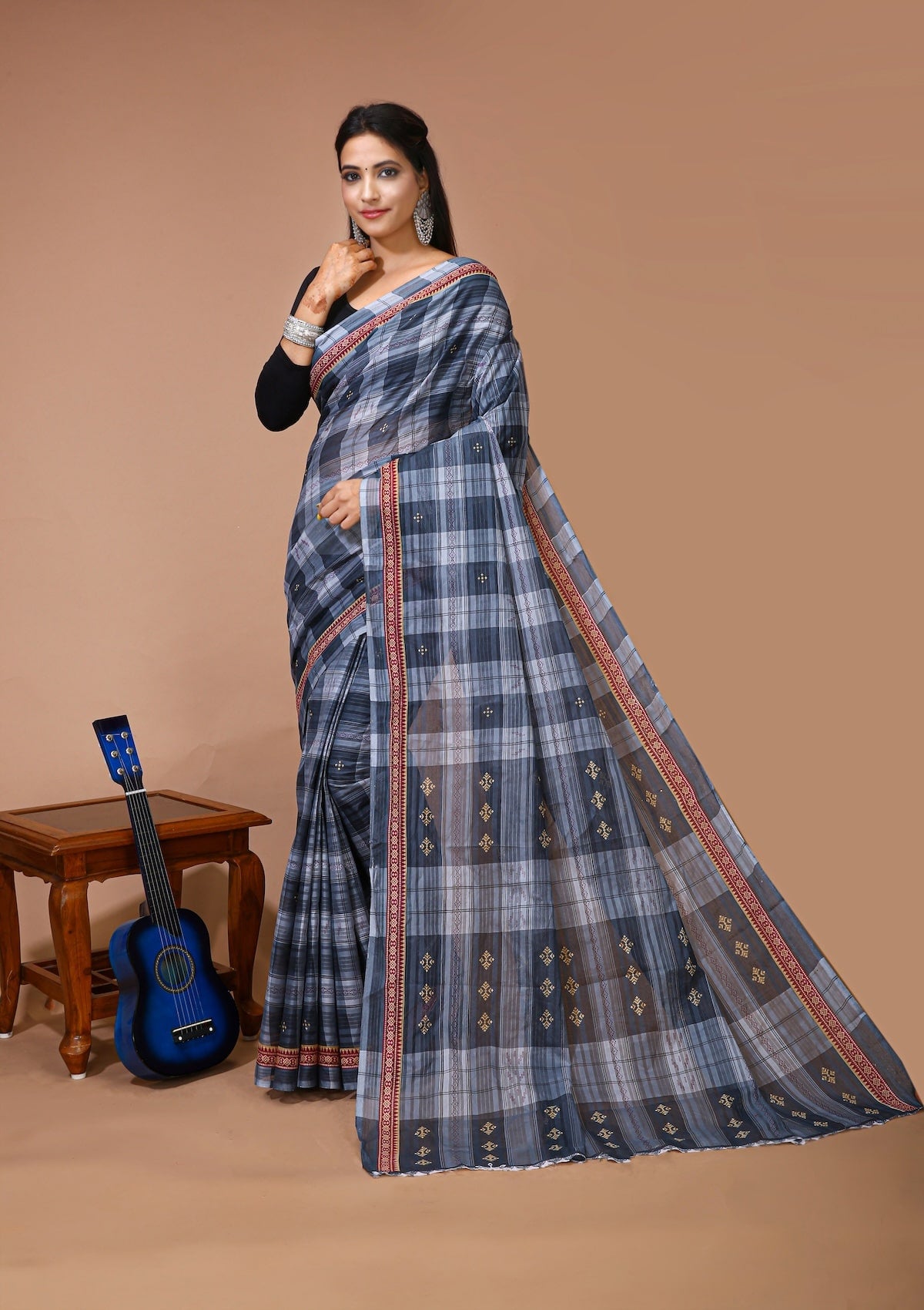 Sneha - Grey Black Cotton Checks Printed Saree