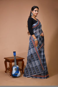 Sneha - Grey Black Cotton Checks Printed Saree