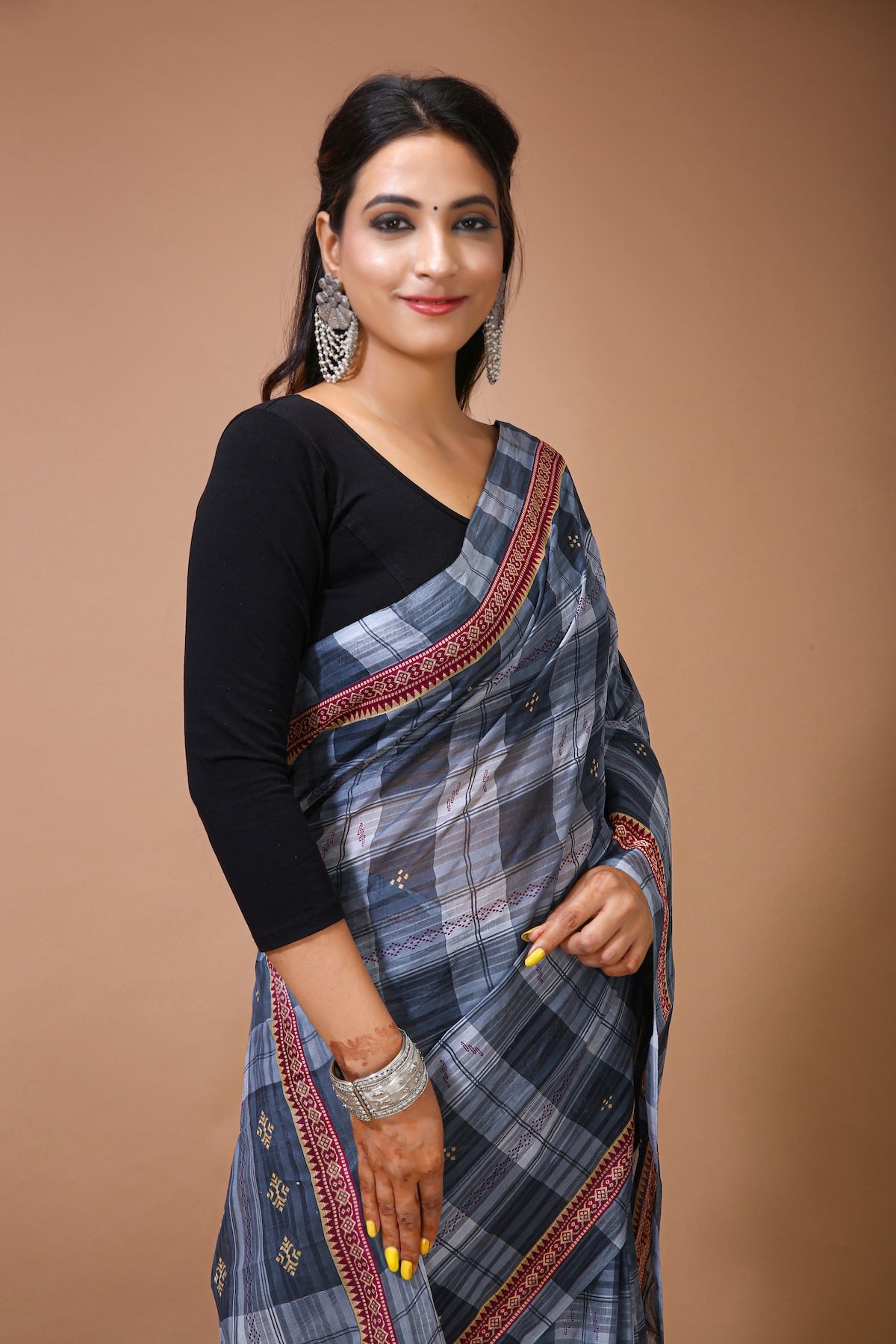 Sneha - Grey Black Cotton Checks Printed Saree