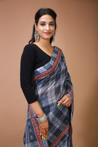 Sneha - Grey Black Cotton Checks Printed Saree