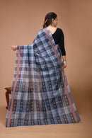 Sneha - Grey Black Cotton Checks Printed Saree