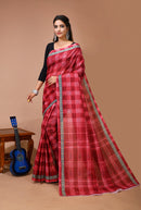 Sneha - Red Maroon Cotton Checks Printed Saree