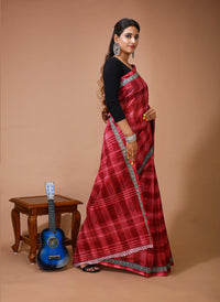 Sneha - Red Maroon Cotton Checks Printed Saree