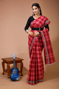 Sneha - Red Maroon Cotton Checks Printed Saree