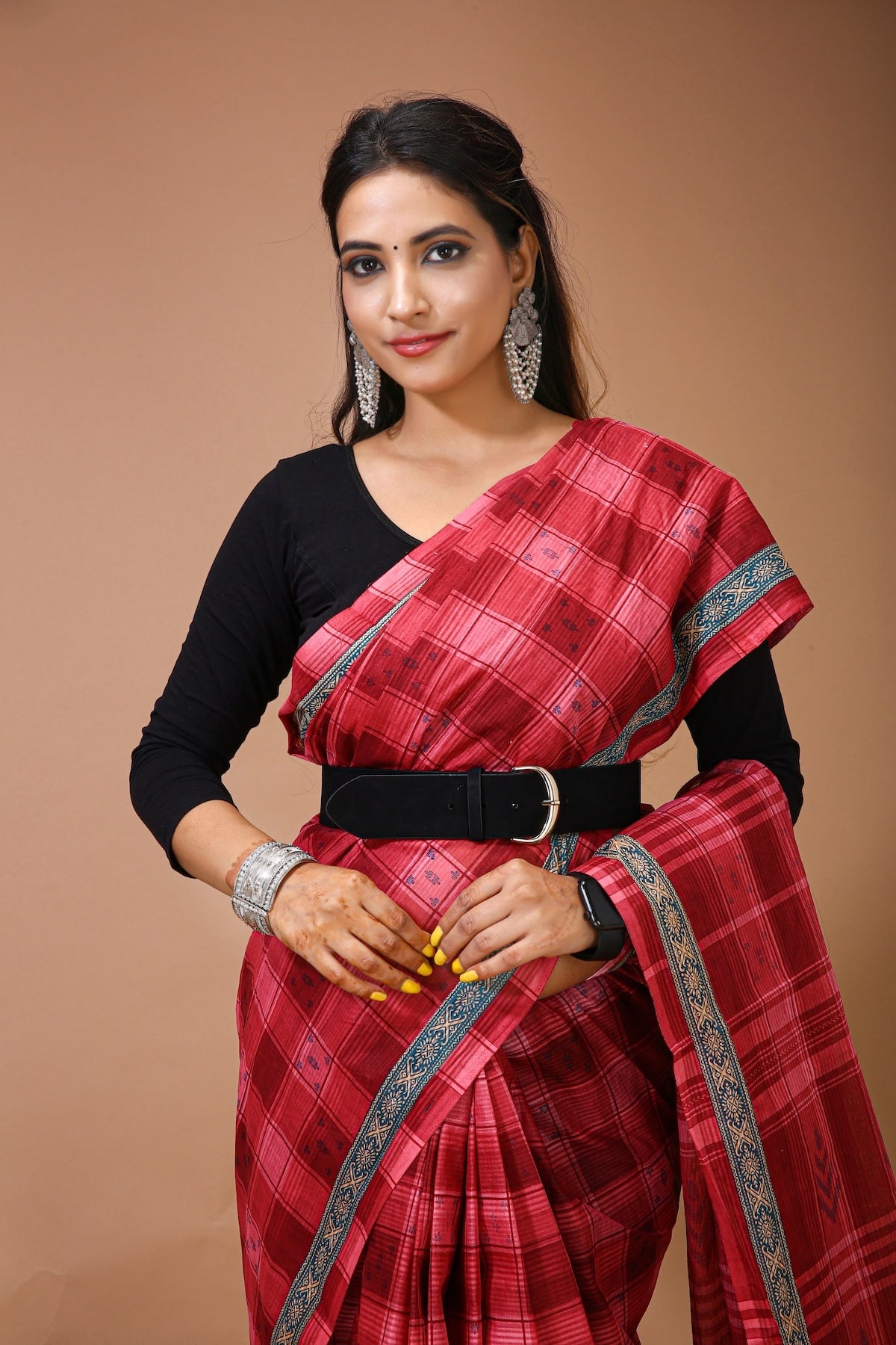 Sneha - Red Maroon Cotton Checks Printed Saree