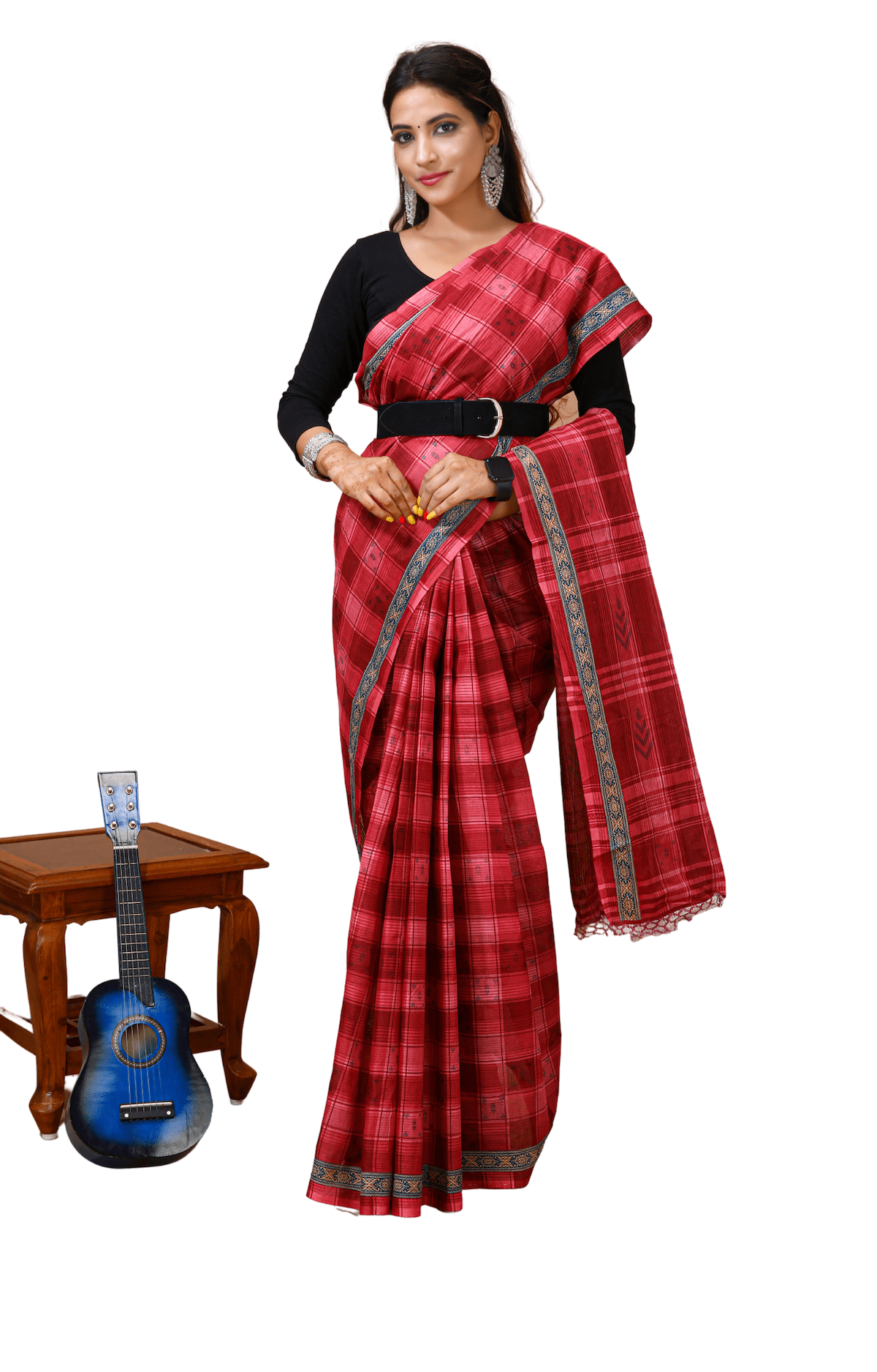 Sneha - Red Maroon Cotton Checks Printed Saree