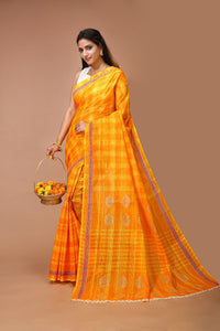 Sneha - Yellow Orange Cotton Checks Printed Saree