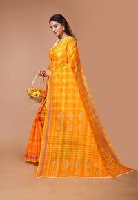 Sneha - Yellow Orange Cotton Checks Printed Saree