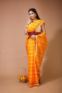 Sneha - Yellow Orange Cotton Checks Printed Saree